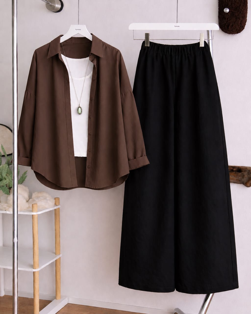 Button Down Shirt, White Tank Top and Black Wide Leg Trouser Pack Of Threes