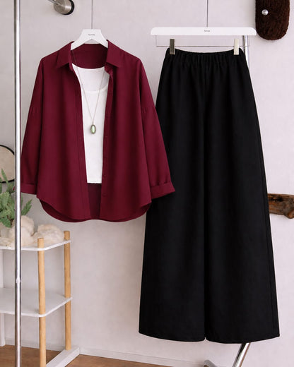 Button Down Shirt, White Tank Top and Black Wide Leg Trouser Pack Of Threes