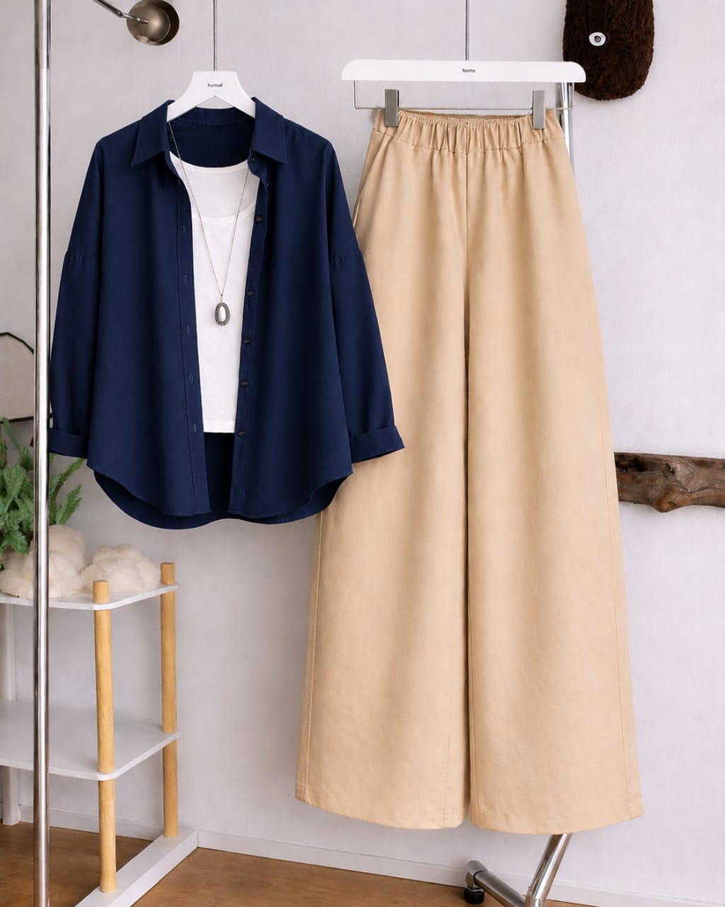 Button Down Shirt, White Tank Top and Beige Wide Leg Trouser Pack Of Threes