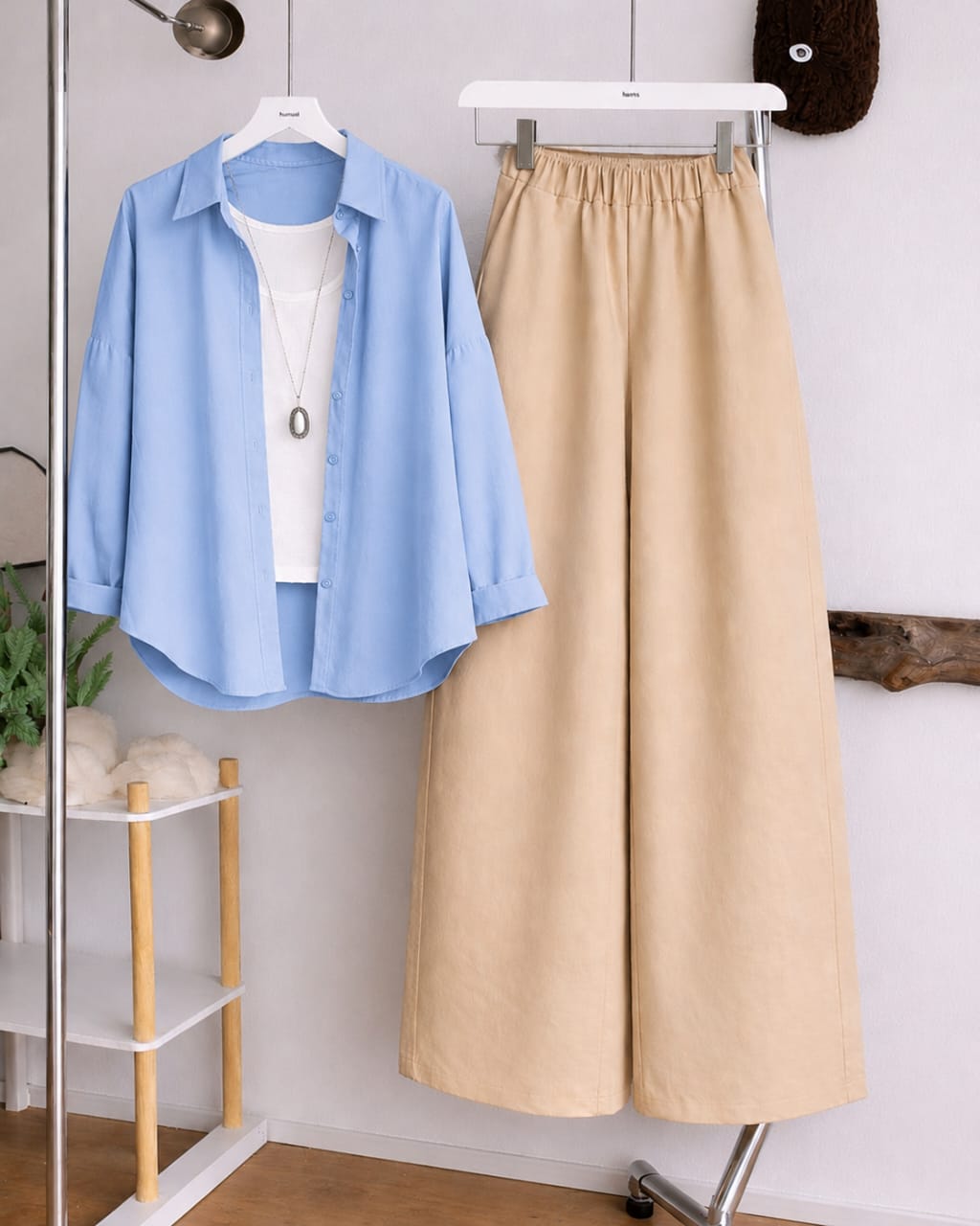 Button Down Shirt, White Tank Top and Beige Wide Leg Trouser Pack Of Threes