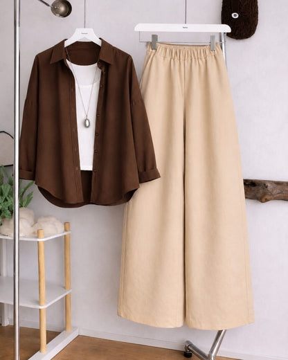 Button Down Shirt, White Tank Top and Beige Wide Leg Trouser Pack Of Threes