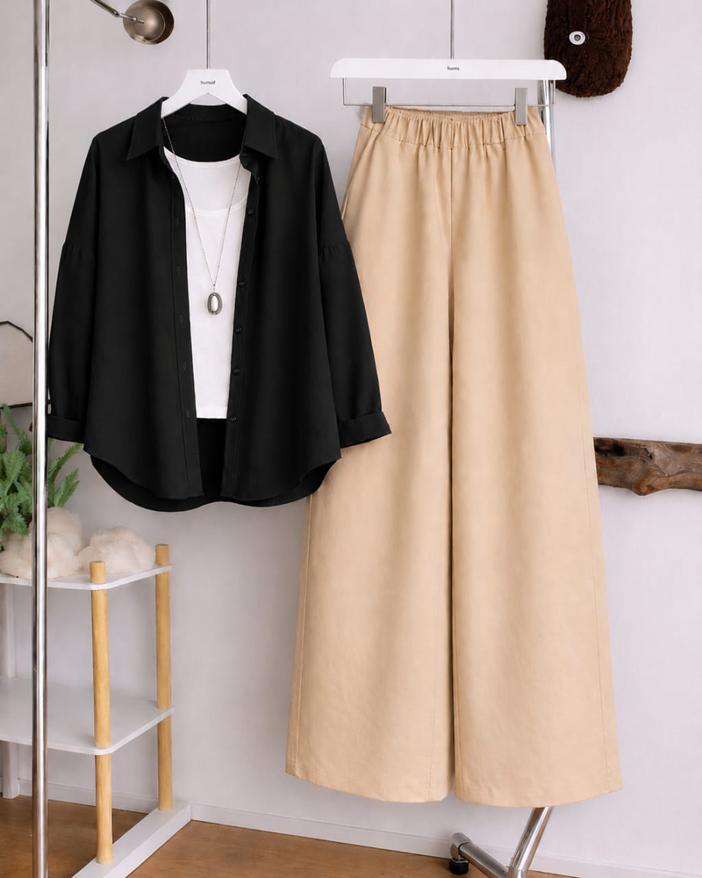 Button Down Shirt, White Tank Top and Beige Wide Leg Trouser Pack Of Threes