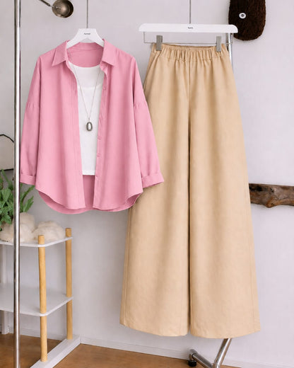Button Down Shirt, White Tank Top and Beige Wide Leg Trouser Pack Of Threes