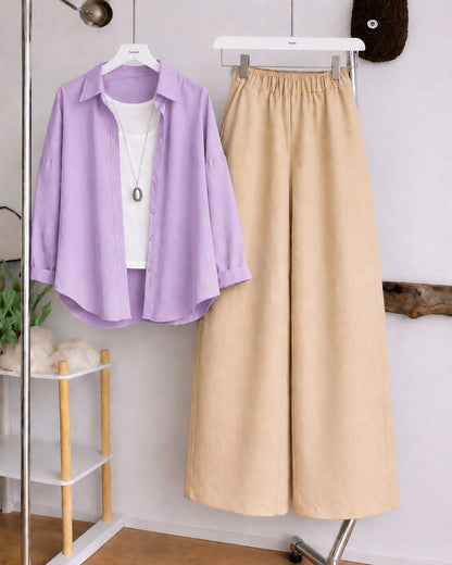Button Down Shirt, White Tank Top and Beige Wide Leg Trouser Pack Of Threes