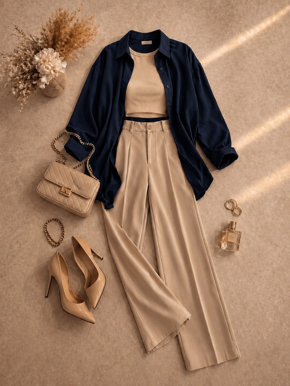 Button Down Shirt, Beige Tank Top, Beige High Waisted Formal Pants as Pack Of Threes