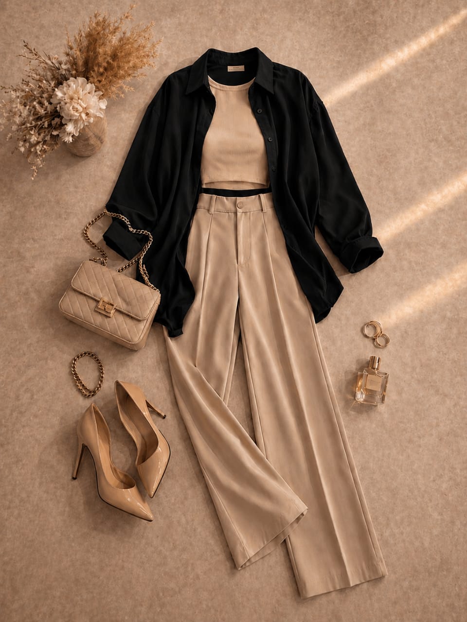 Button Down Shirt, Beige Tank Top, Beige High Waisted Formal Pants as Pack Of Threes