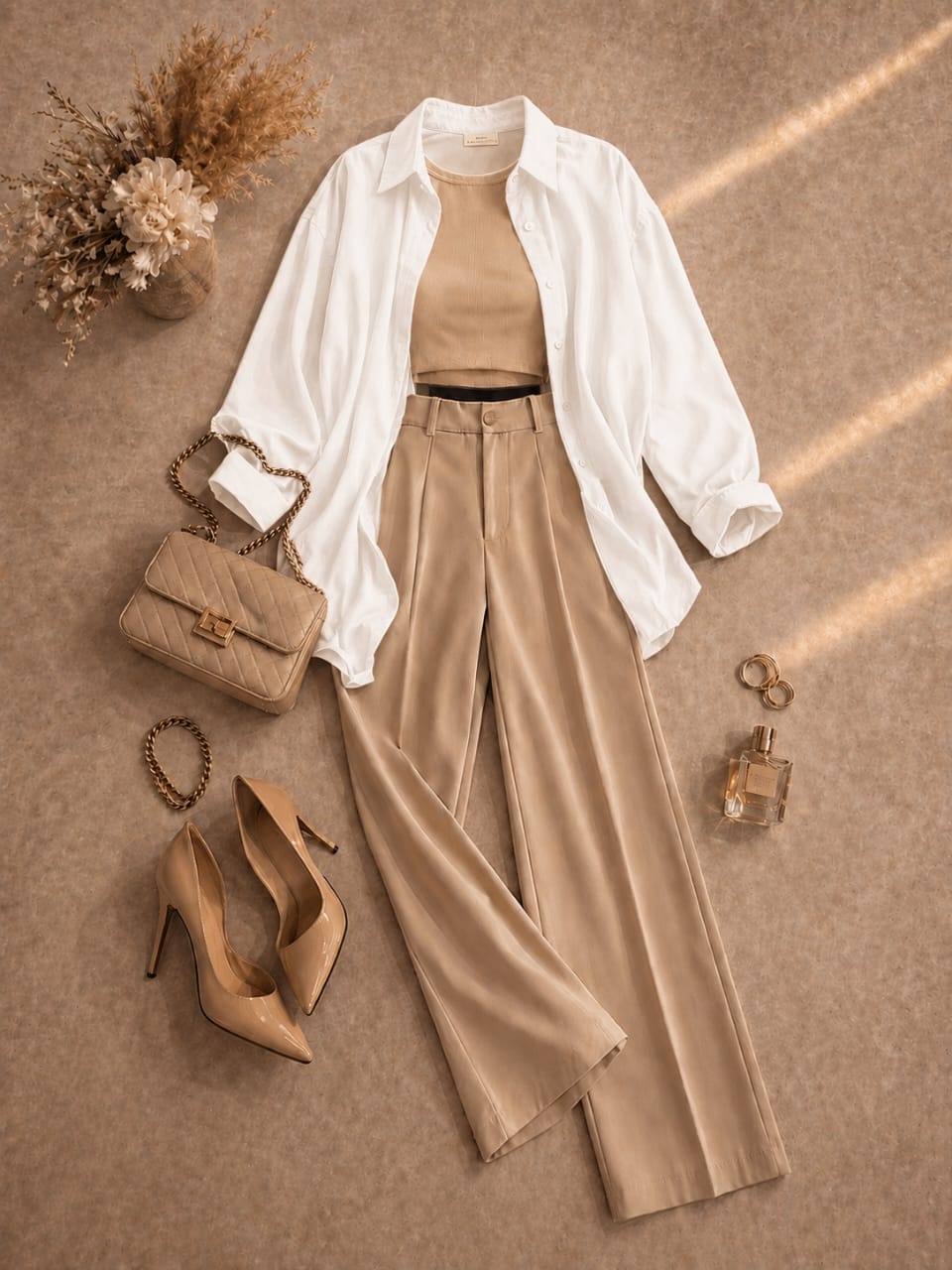 Button Down Shirt, Beige Tank Top, Beige High Waisted Formal Pants as Pack Of Threes