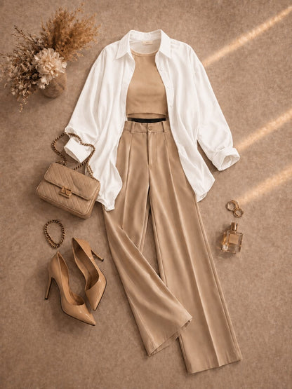 Button Down Shirt, Beige Tank Top, Beige High Waisted Formal Pants as Pack Of Threes