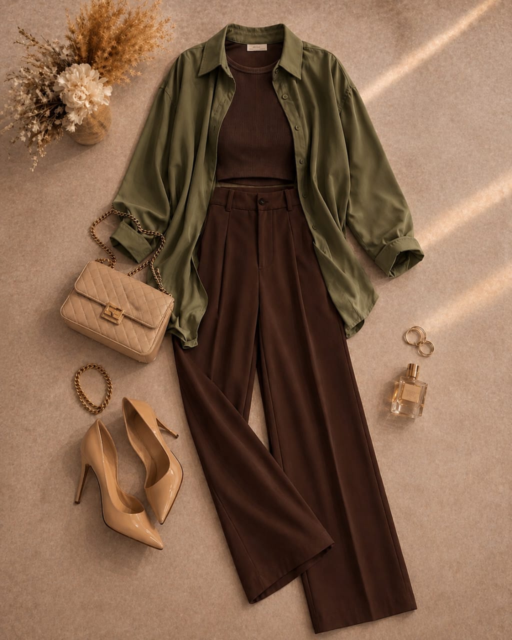 Button Down Shirt, Brown Tank Top, Brown High Waisted Formal Pants as Pack Of Threes