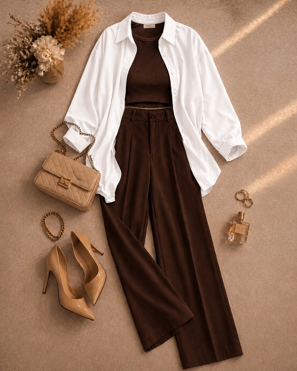 Button Down Shirt, Brown Tank Top, Brown High Waisted Formal Pants as Pack Of Threes