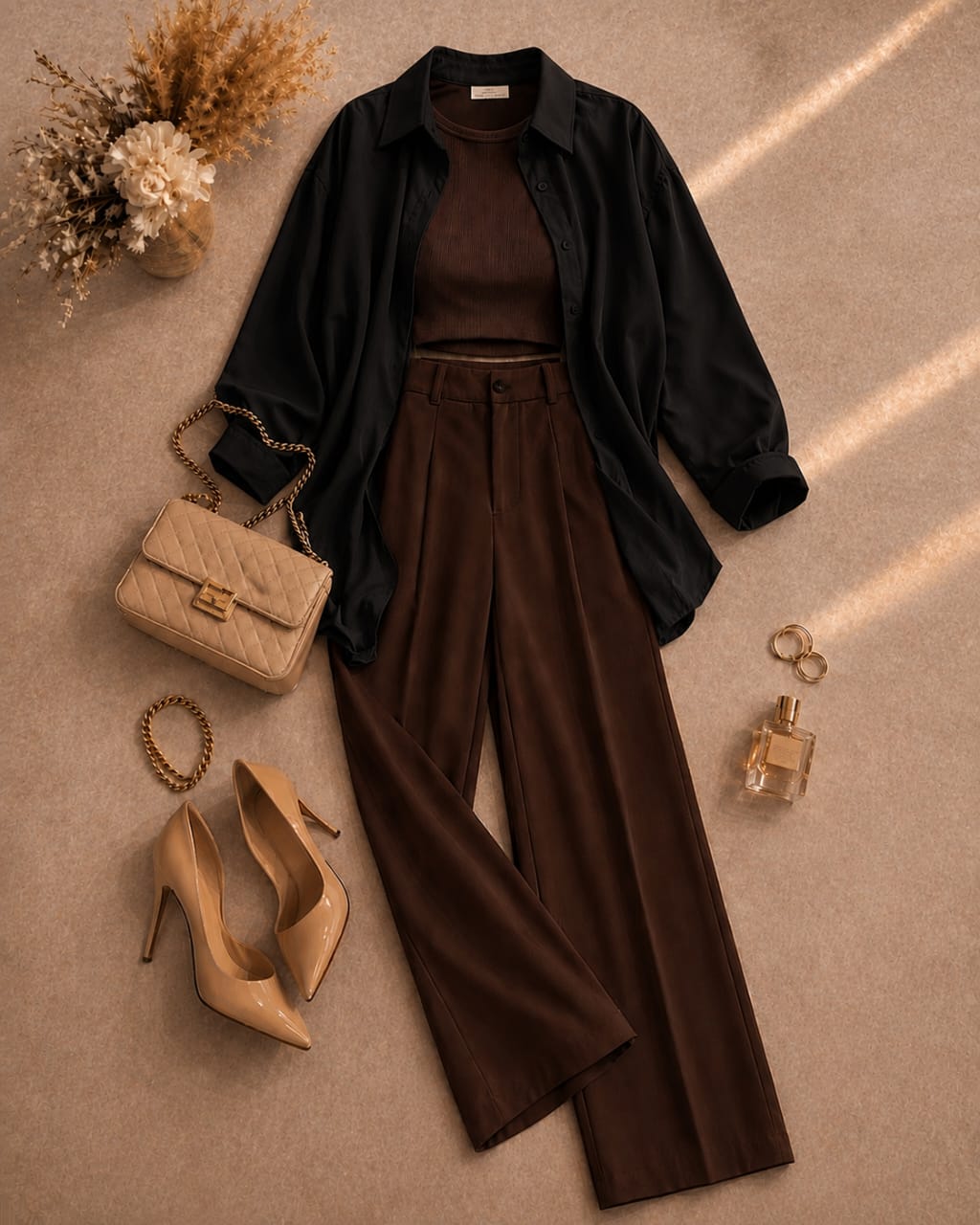 Button Down Shirt, Brown Tank Top, Brown High Waisted Formal Pants as Pack Of Threes