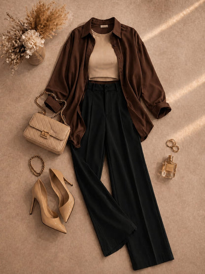 Button Down Shirt, Beige Tank Top, Black High Waisted Formal Pants as Pack Of Threes