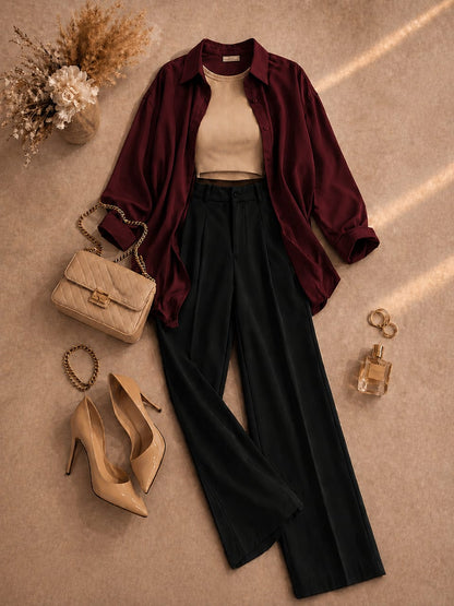 Button Down Shirt, Beige Tank Top, Black High Waisted Formal Pants as Pack Of Threes