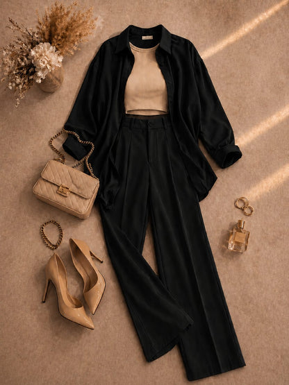Button Down Shirt, Beige Tank Top, Black High Waisted Formal Pants as Pack Of Threes