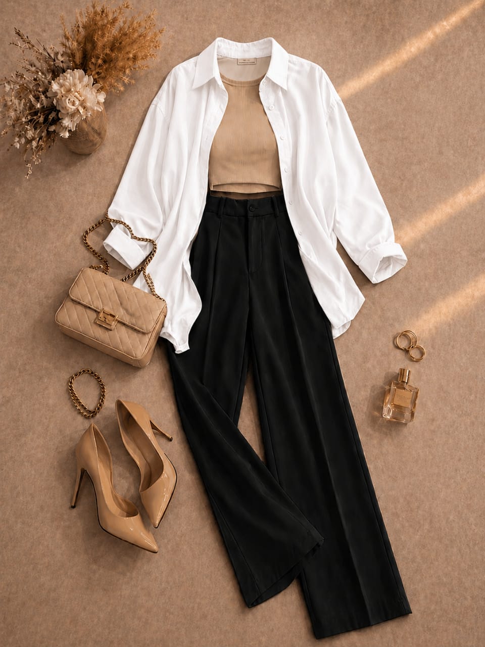Button Down Shirt, Beige Tank Top, Black High Waisted Formal Pants as Pack Of Threes