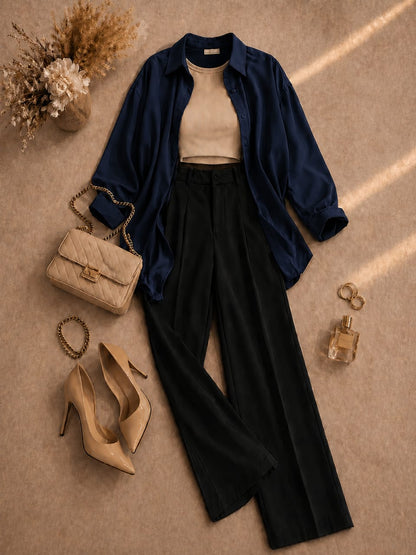 Button Down Shirt, Beige Tank Top, Black High Waisted Formal Pants as Pack Of Threes