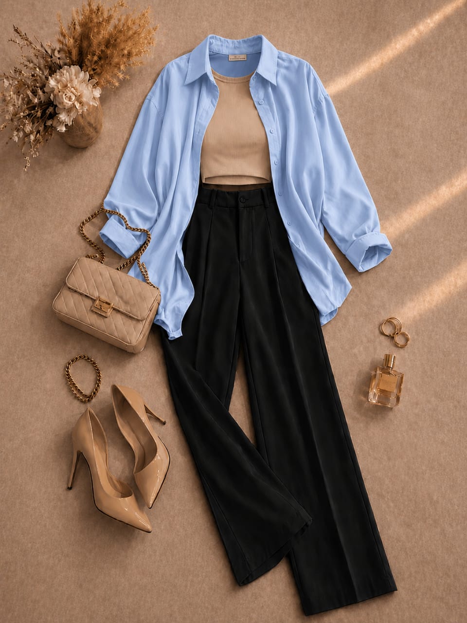 Button Down Shirt, Beige Tank Top, Black High Waisted Formal Pants as Pack Of Threes