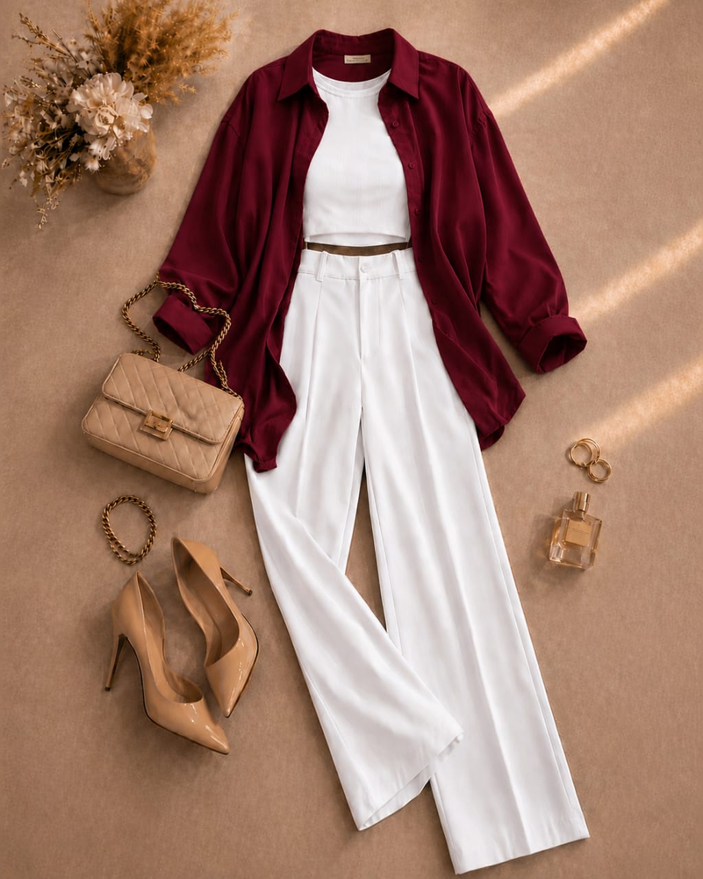 Button Down Shirt, White Tank Top, White High Waisted Formal Pants as Pack Of Threes