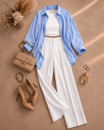 Button Down Shirt, White Tank Top, White High Waisted Formal Pants as Pack Of Threes