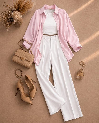 Button Down Shirt, White Tank Top, White High Waisted Formal Pants as Pack Of Threes