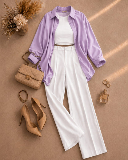 Button Down Shirt, White Tank Top, White High Waisted Formal Pants as Pack Of Threes