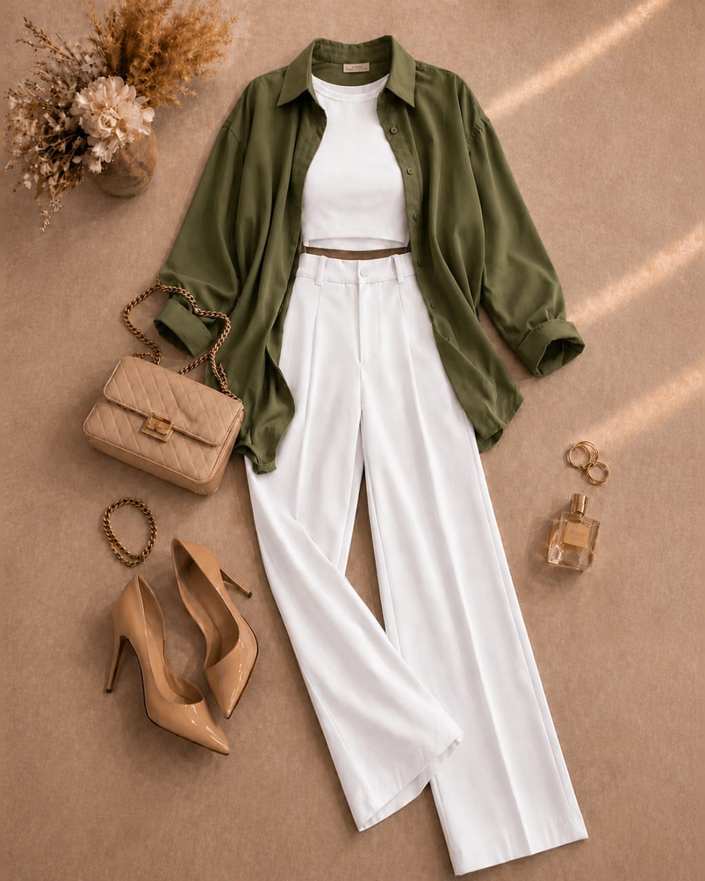 Button Down Shirt, White Tank Top, White High Waisted Formal Pants as Pack Of Threes