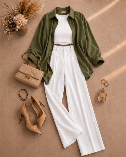 Button Down Shirt, White Tank Top, White High Waisted Formal Pants as Pack Of Threes