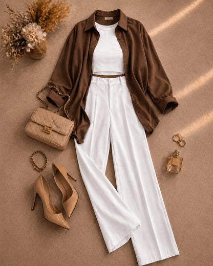 Button Down Shirt, White Tank Top, White High Waisted Formal Pants as Pack Of Threes