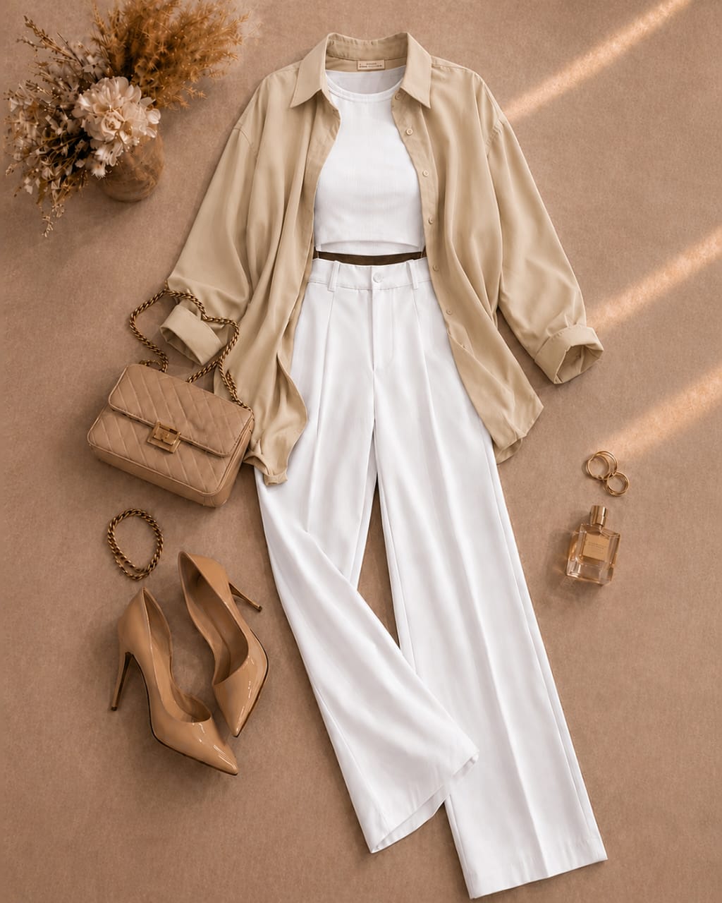 Button Down Shirt, White Tank Top, White High Waisted Formal Pants as Pack Of Threes
