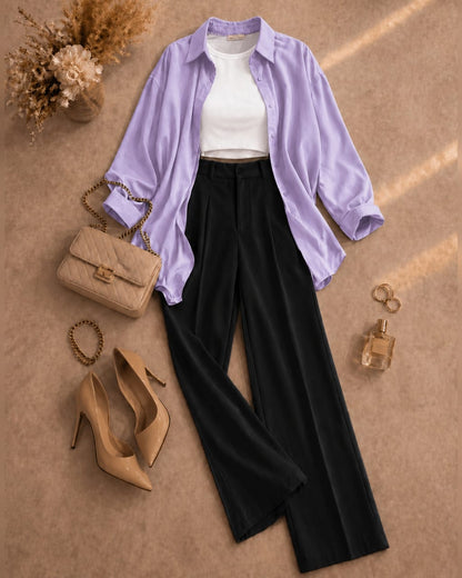 Button Down Shirt, White Tank Top, Black High Waisted Formal Pants as Pack Of Threes
