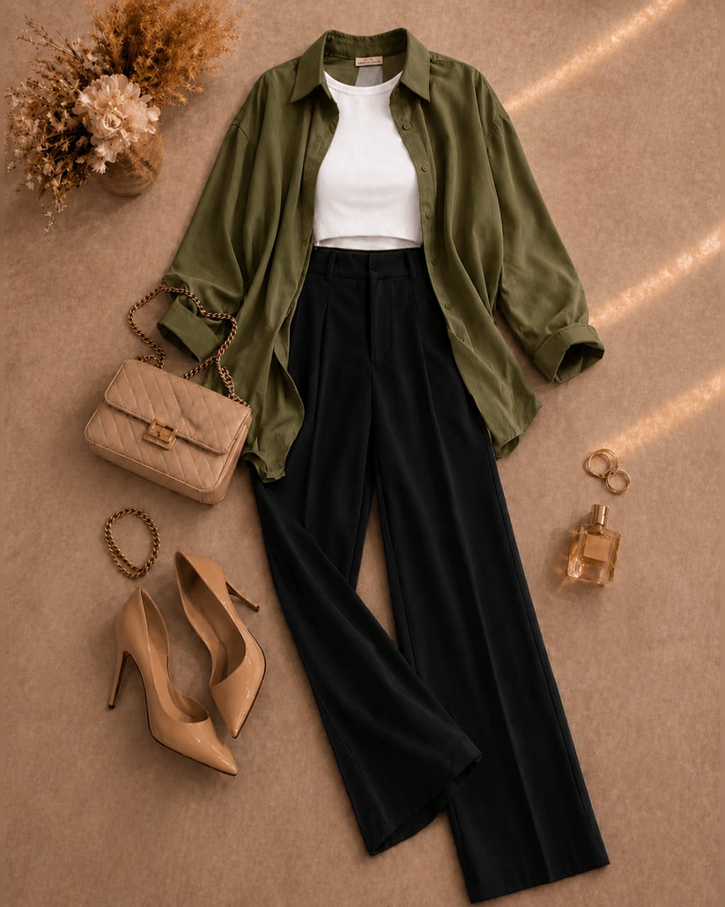Button Down Shirt, White Tank Top, Black High Waisted Formal Pants as Pack Of Threes