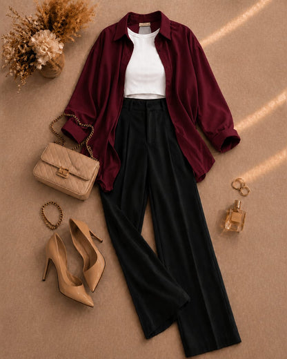 Button Down Shirt, White Tank Top, Black High Waisted Formal Pants as Pack Of Threes