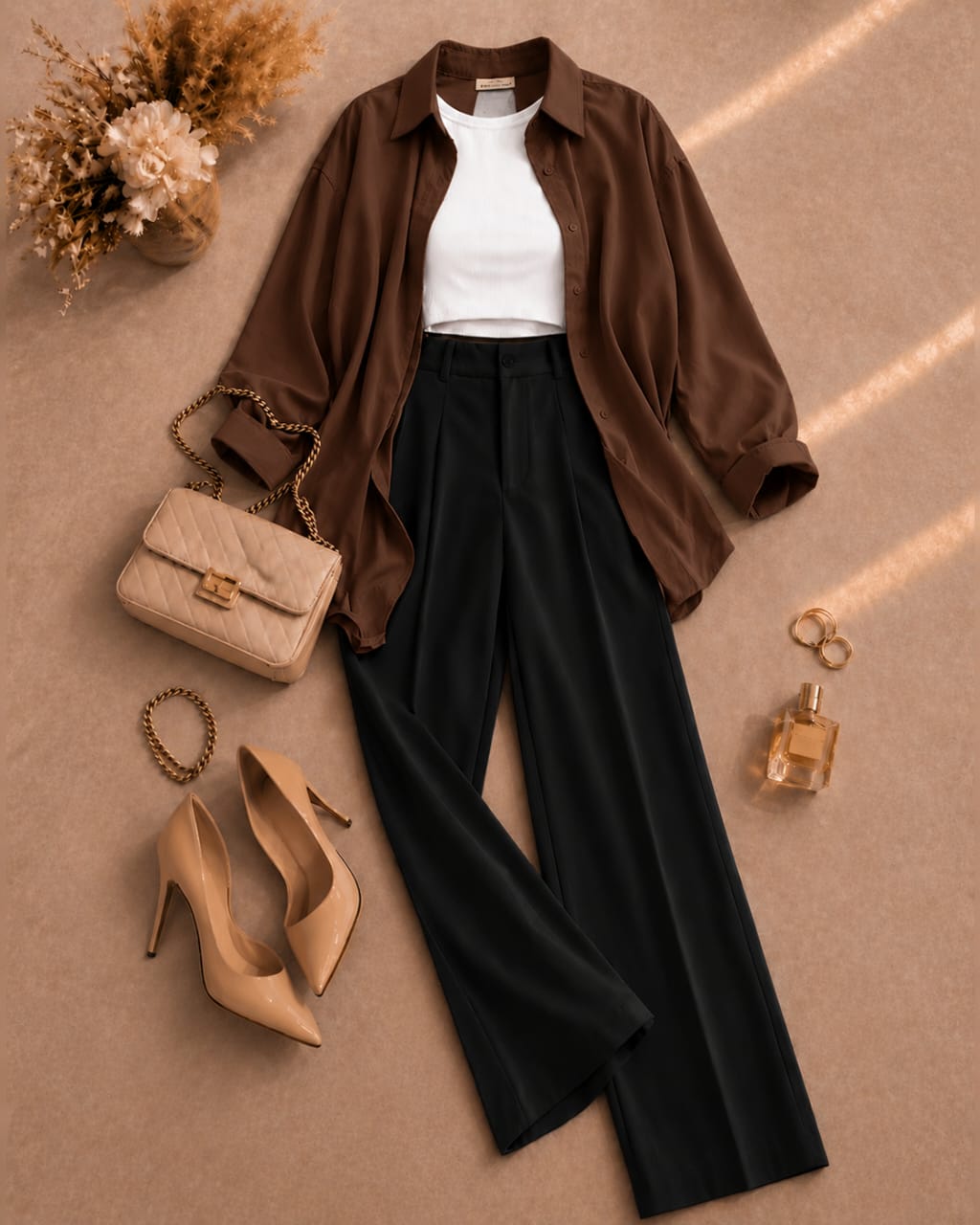 Button Down Shirt, White Tank Top, Black High Waisted Formal Pants as Pack Of Threes