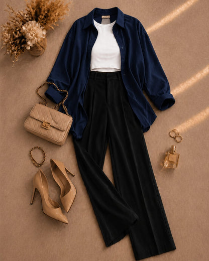 Button Down Shirt, White Tank Top, Black High Waisted Formal Pants as Pack Of Threes