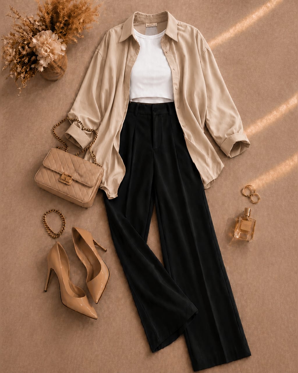 Button Down Shirt, White Tank Top, Black High Waisted Formal Pants as Pack Of Threes