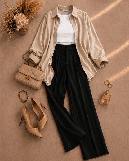 Button Down Shirt, White Tank Top, Black High Waisted Formal Pants as Pack Of Threes