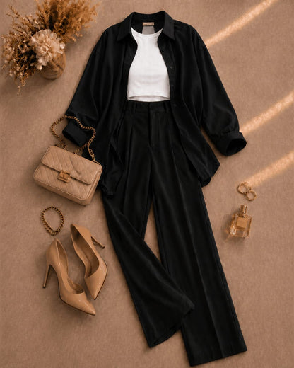 Button Down Shirt, White Tank Top, Black High Waisted Formal Pants as Pack Of Threes