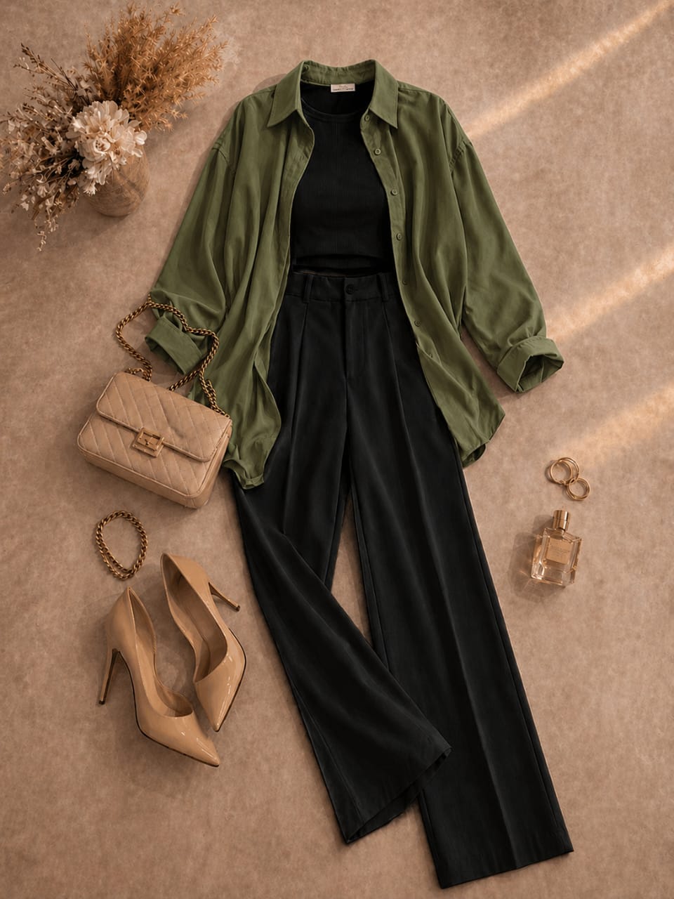 Button Down Shirt, Black Tank Top, Black High Waisted Formal Pants as Pack Of Threes