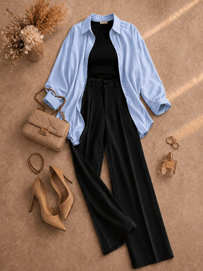 Button Down Shirt, Black Tank Top, Black High Waisted Formal Pants as Pack Of Threes