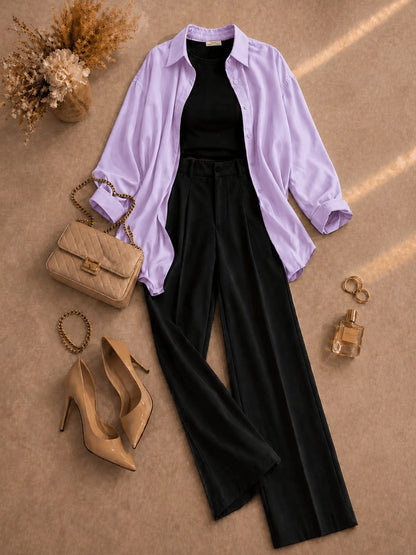 Button Down Shirt, Black Tank Top, Black High Waisted Formal Pants as Pack Of Threes