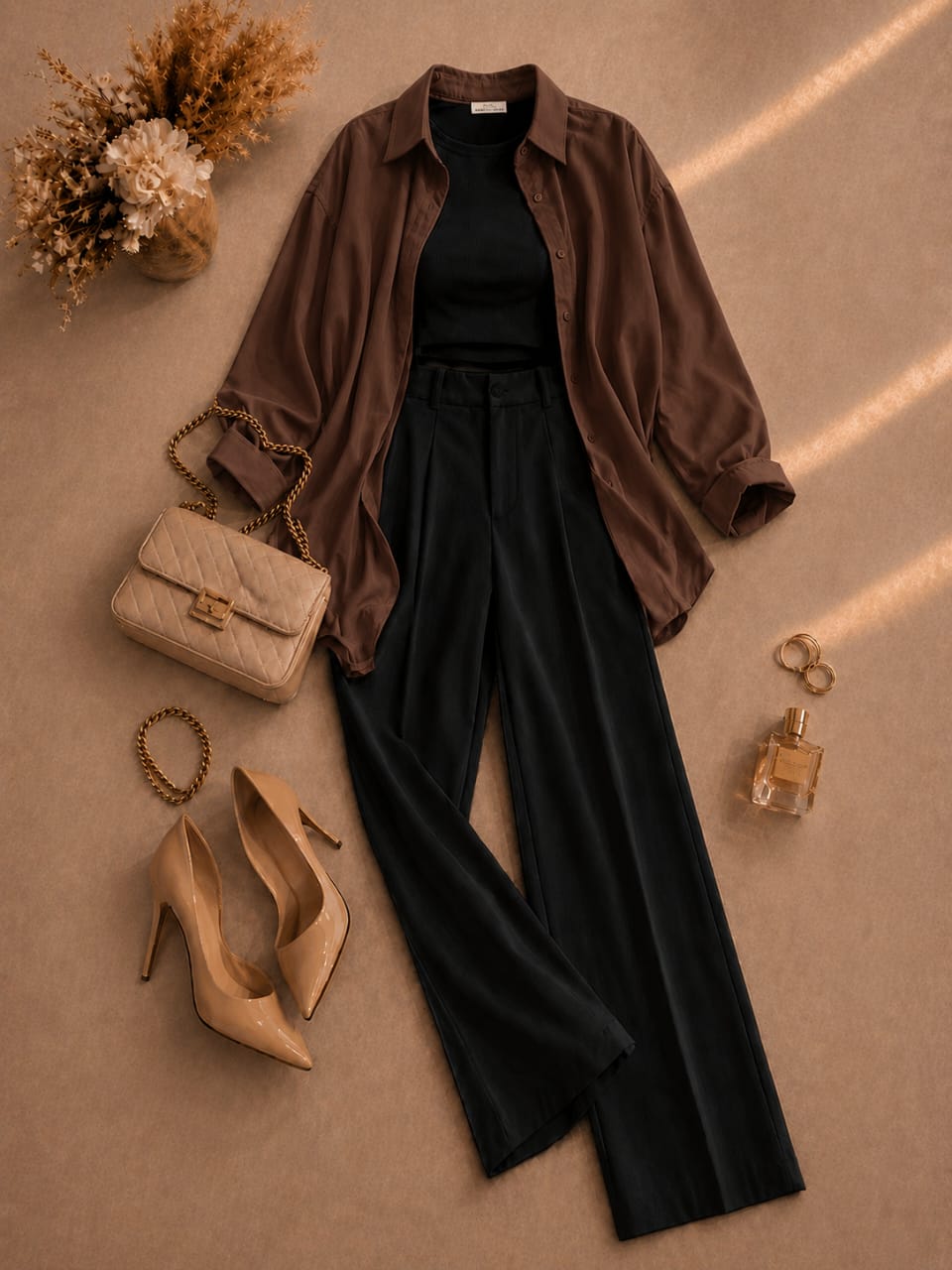 Button Down Shirt, Black Tank Top, Black High Waisted Formal Pants as Pack Of Threes