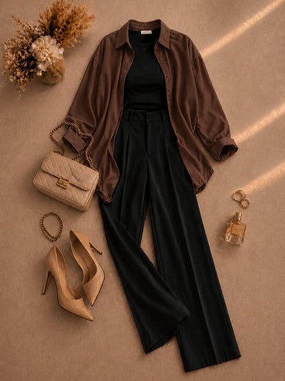 Button Down Shirt, Black Tank Top, Black High Waisted Formal Pants as Pack Of Threes
