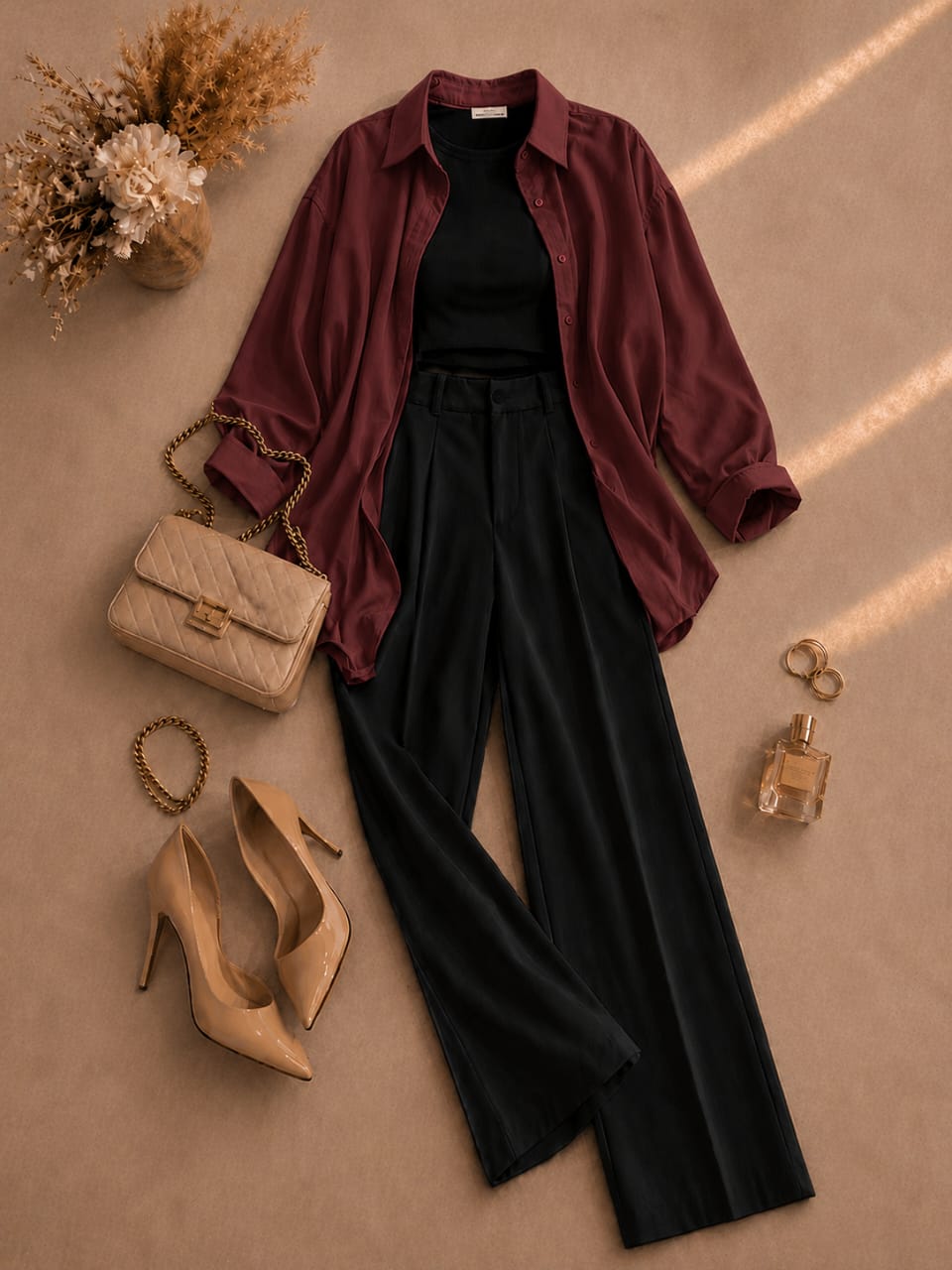 Button Down Shirt, Black Tank Top, Black High Waisted Formal Pants as Pack Of Threes