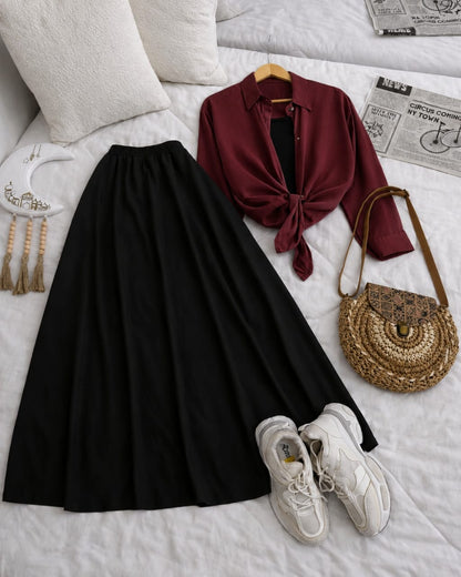 Button Down Shirt, Black Tank Top And Black Umbrella Skirt - Pack of Threes