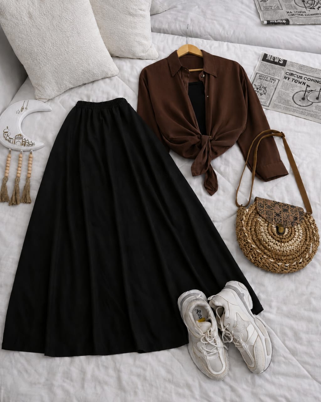 Button Down Shirt, Black Tank Top And Black Umbrella Skirt - Pack of Threes