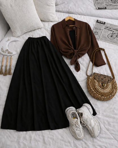 Button Down Shirt, Black Tank Top And Black Umbrella Skirt - Pack of Threes