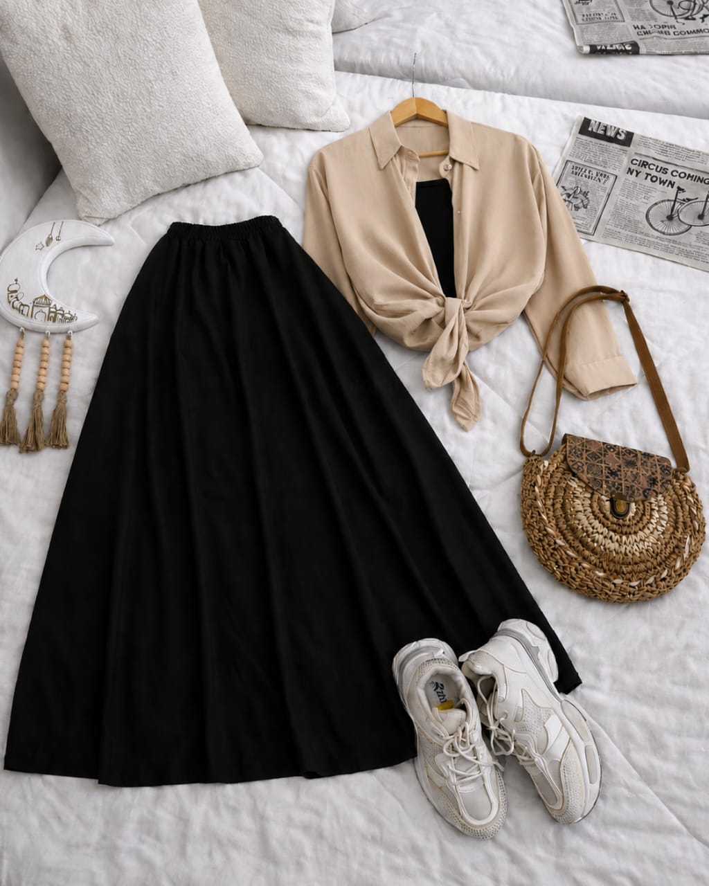 Button Down Shirt, Black Tank Top And Black Umbrella Skirt - Pack of Threes