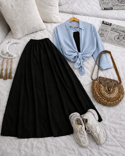 Button Down Shirt, Black Tank Top And Black Umbrella Skirt - Pack of Threes