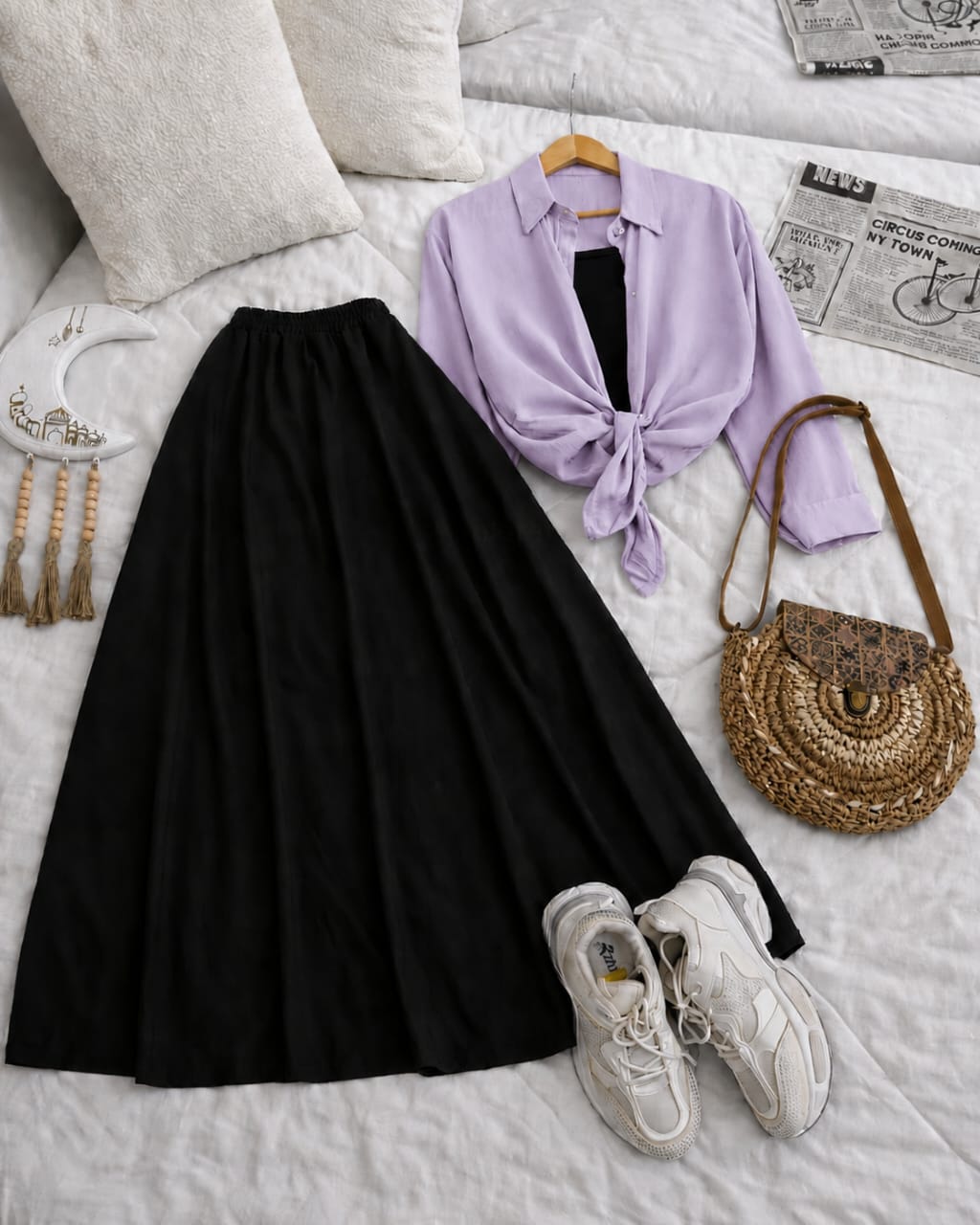 Button Down Shirt, Black Tank Top And Black Umbrella Skirt - Pack of Threes