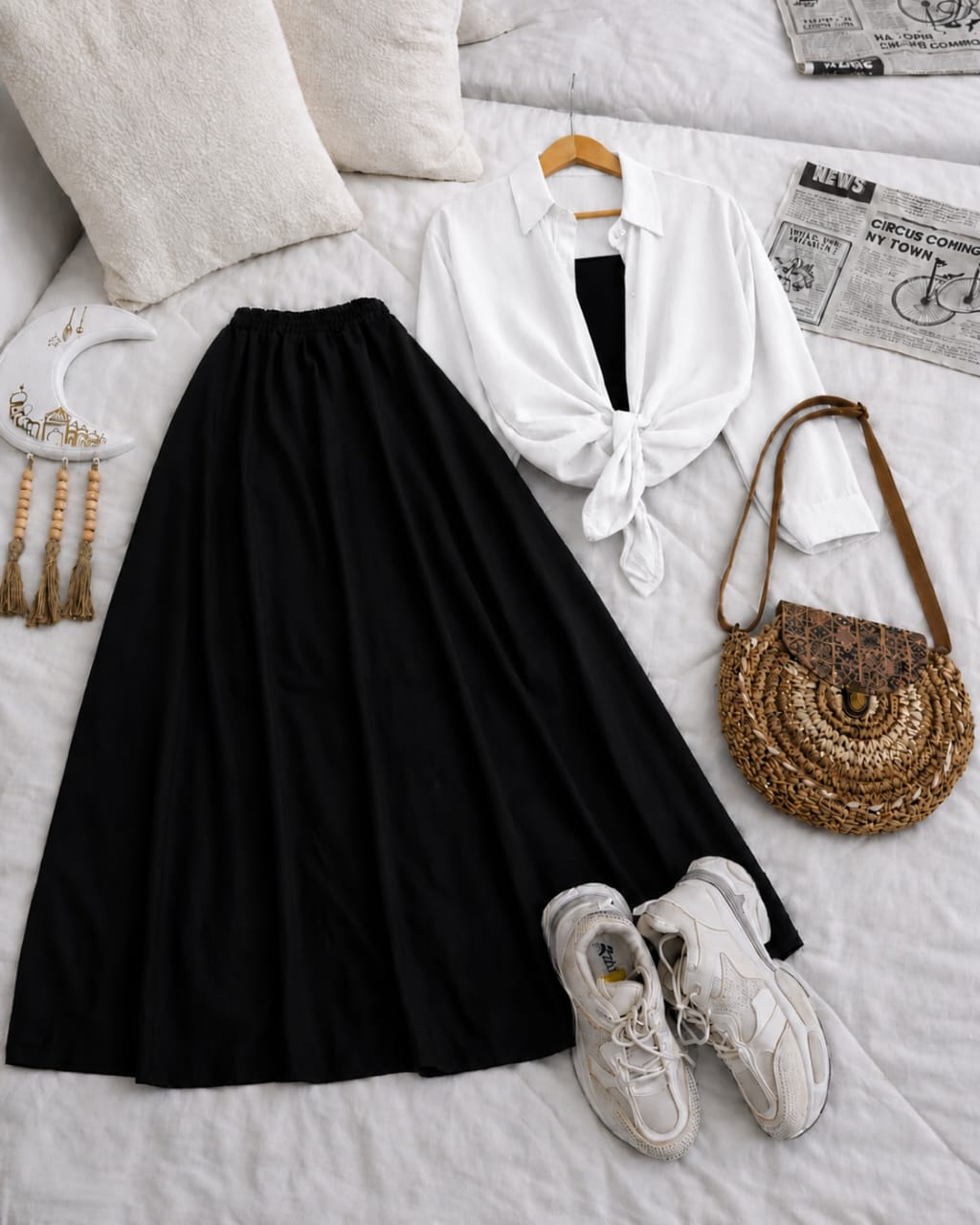 Button Down Shirt, Black Tank Top And Black Umbrella Skirt - Pack of Threes
